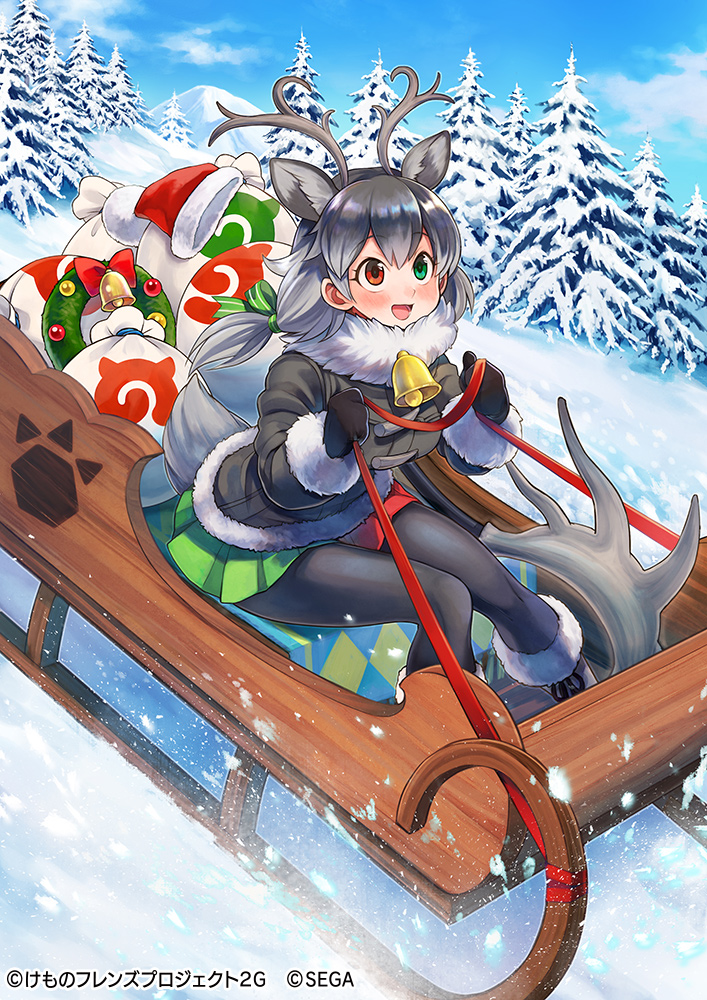 1girl :d animal_ear_fluff animal_ears antlers bangs bell black_footwear black_gloves black_hair black_jacket black_legwear blue_sky blush clouds commentary_request day eyebrows_visible_through_hair fur-trimmed_boots fur-trimmed_sleeves fur_collar fur_trim gloves green_eyes green_skirt grey_hair hat heterochromia holding jacket japari_symbol kemono_friends_3 long_hair long_sleeves low_twintails mountain multicolored_hair official_art open_mouth outdoors pantyhose pine_tree pleated_skirt red_eyes red_headwear reindeer_(kemono_friends) reindeer_antlers reindeer_ears reindeer_girl reindeer_tail sack santa_hat skirt sky sleigh smile snow solo tail tree twintails two-tone_hair yuko_(uc_yuk)