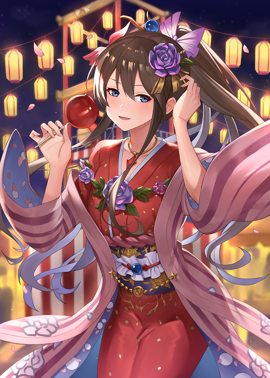 1girl alternate_costume arms_up blue_eyes blue_flower blue_rose bow brown_hair candy_apple commentary contrapposto cowboy_shot festival flower food granblue_fantasy hair_between_eyes hair_bow hair_flower hair_ornament hair_stick hand_in_hair haori head_tilt highres holding holding_food instrument japanese_clothes jewelry kimono lantern long_hair long_sleeves looking_at_viewer necklace night obi off_shoulder outdoors paper_lantern parted_lips petals ponytail purple_flower purple_rose rose rosetta_(granblue_fantasy) ruby_(gemstone) sash solo stage standing taiko_drum very_long_hair wide_sleeves yukata ziko