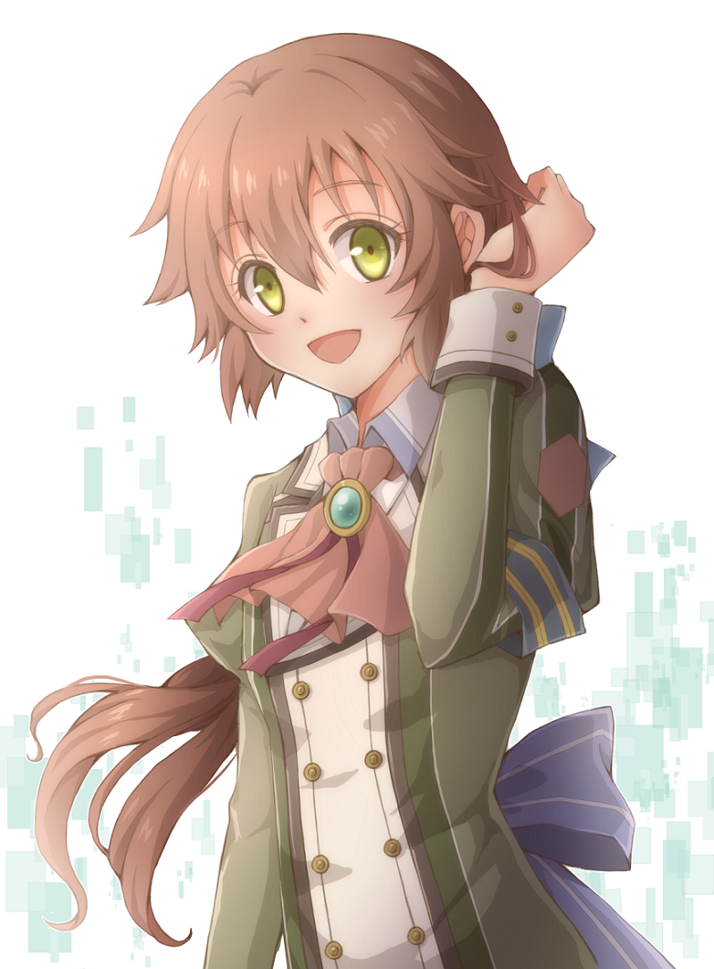 1girl :d aono_(aonocrotowa) armband back_bow bangs blue_bow bow brown_hair collared_shirt eiyuu_densetsu eyebrows_visible_through_hair floating_hair green_eyes green_jacket hair_between_eyes hand_in_hair jacket long_hair long_sleeves looking_at_viewer open_mouth sen_no_kiseki shirt simple_background smile solo towa_herschel upper_body very_long_hair white_background wing_collar