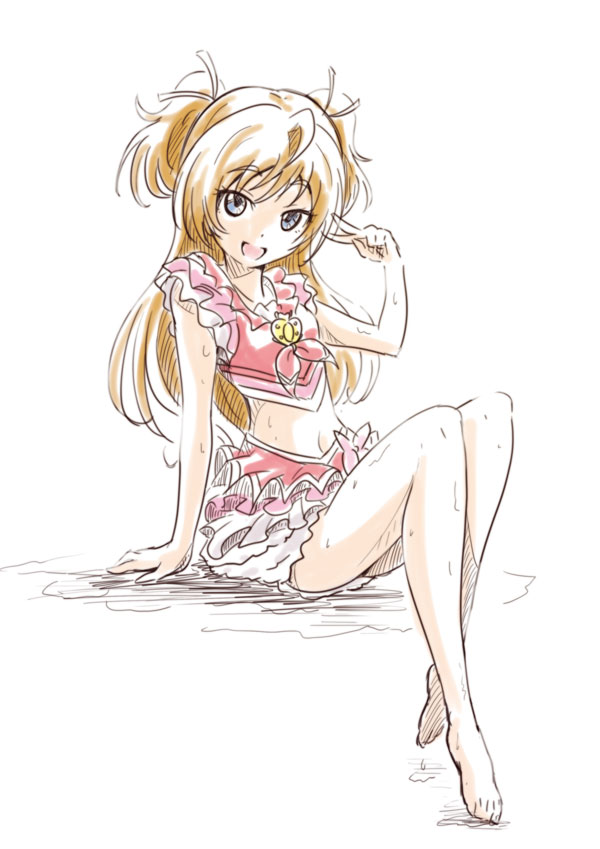 1girl :d adapted_costume bangs barefoot blonde_hair blue_eyes cosplay crop_top cure_melody cure_melody_(cosplay) full_body hair_ribbon houjou_hibiki invisible_chair layered_skirt leaning_back long_hair looking_at_viewer midriff miniskirt navel niita open_mouth precure red_skirt ribbon simple_background sitting skirt smile solo stomach suite_precure two_side_up very_long_hair wet white_background white_ribbon white_skirt
