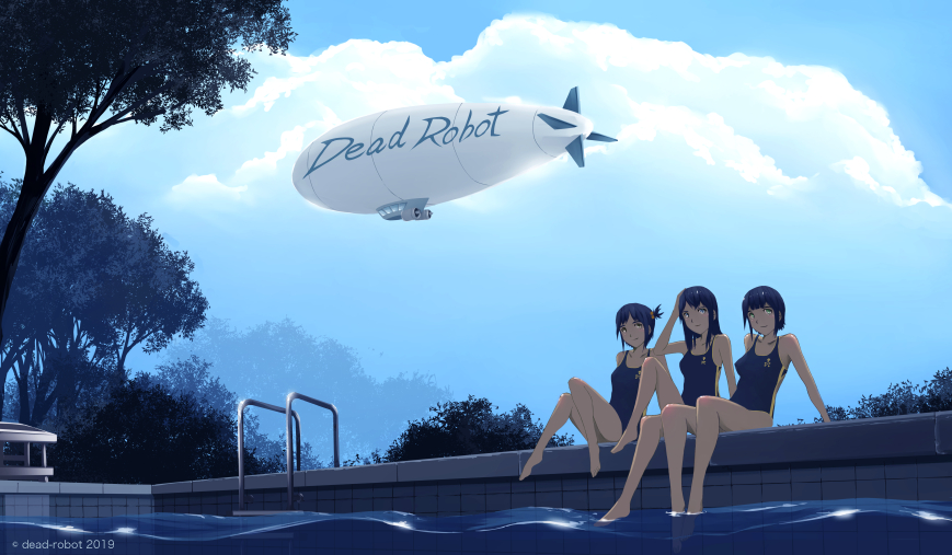 2019 3girls aircraft artist_name black_hair blue_eyes clouds cloudy_sky competition_swimsuit dead-robot dirigible green_eyes multiple_girls one-piece_swimsuit original outdoors pool short_hair sitting sky swimsuit tied_hair tree water yellow_eyes