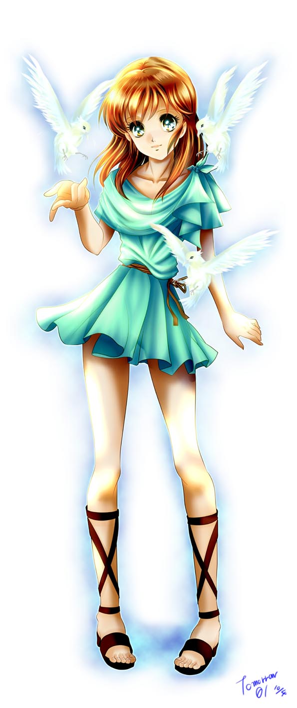 1girl ancient_ys_vanished bangs bird blue_eyes brown_hair closed_mouth collarbone full_body highres lilia_(ys) long_hair looking_at_viewer shiny shiny_hair simple_background smile solo standing tomo5656ky tunic white_background ys