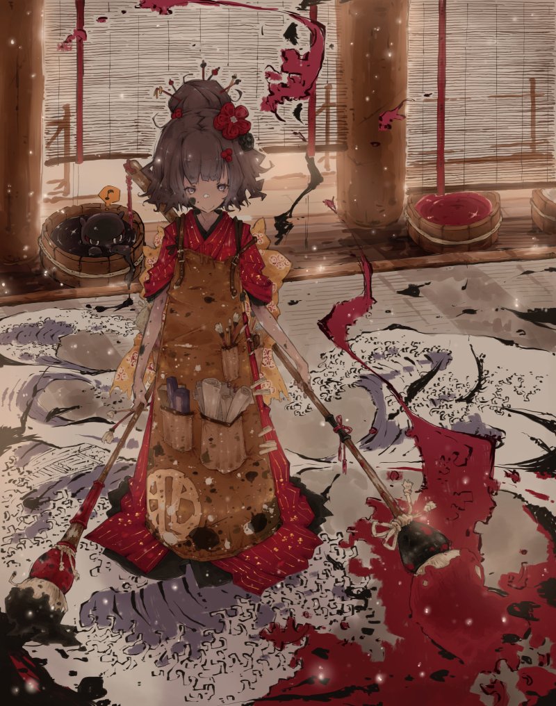 apron fate/grand_order fate_(series) flower hair_bun hair_flower hair_ornament ink ink_stain japanese_clothes katsushika_hokusai_(fate/grand_order) kimono kona_(konahana) messy_hair musical_note octopus paintbrush painting purple_hair short_hair smile