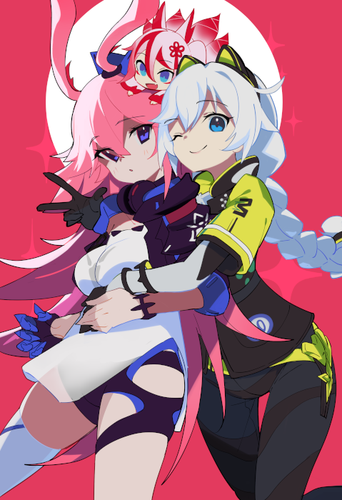 ahoge animal_ears armor bangs blue_eyes bodysuit braid breasts cleavage_cutout dark_persona diamond-shaped_pupils dual_wielding elbow_gloves energy_wings floating_weapon fox_ears gloves gun hair_flaps hairband handgun holding honkai_(series) honkai_impact_3rd katana kiana_kaslana long_hair mask medium_breasts messy_hair multiple_swords naoya_come nontraditional_miko obi pink_hair sash sidelocks silver_hair single_elbow_glove skirt sword symbol-shaped_pupils twin_braids very_long_hair violet_eyes weapon yae_sakura