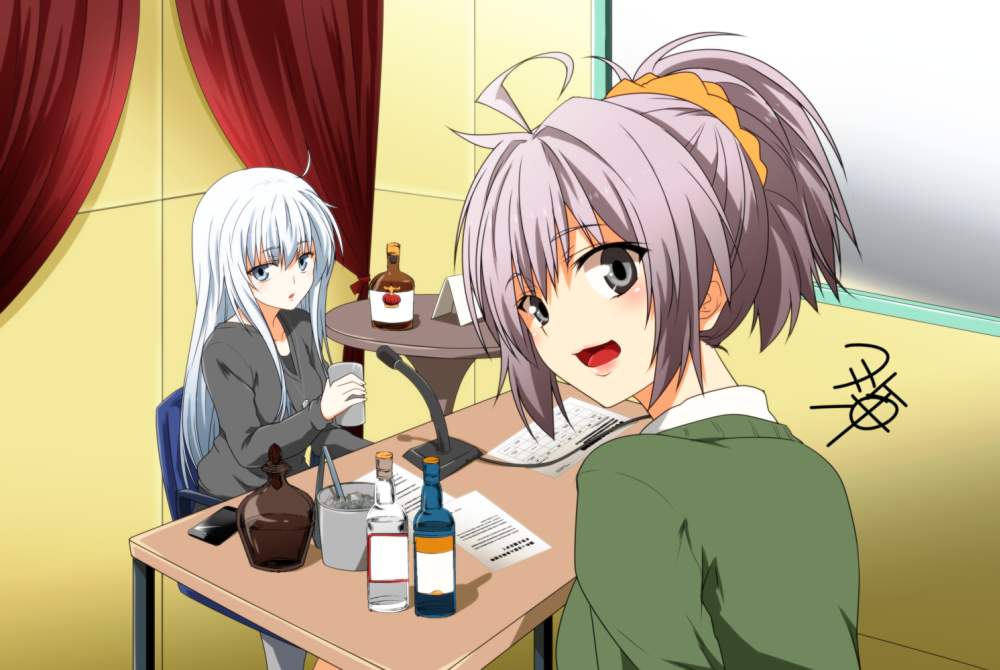 2girls ahoge aoba_(kantai_collection) bottle chair collarbone commentary_request cup curtains dog_tags eyebrows_visible_through_hair green_sweater grey_hair grey_shirt hibiki_(kantai_collection) holding holding_cup indoors kantai_collection long_hair long_sleeves looking_at_viewer looking_back microphone multiple_girls open_mouth pink_hair scrunchie shirt short_hair short_ponytail sidelocks signature silver_hair sitting sweater table window yua_(checkmate)