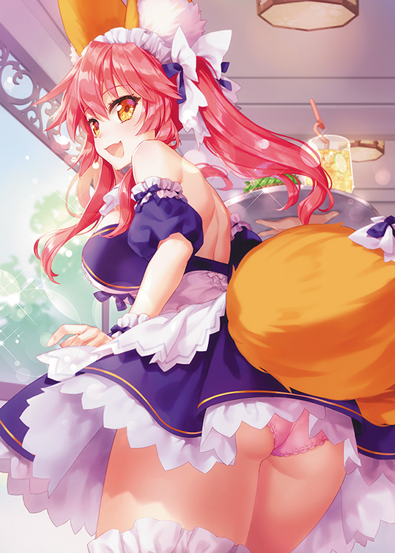 1girl alternate_costume animal_ear_fluff animal_ears apron ass bangs bare_shoulders blue_dress blush bow breasts demmy dress enmaided fate/extra fate/grand_order fate_(series) fox_ears fox_girl fox_tail frills hair_between_eyes large_breasts long_hair looking_at_viewer maid maid_headdress panties pink_hair pink_panties sidelocks smile solo tail tamamo_(fate)_(all) tamamo_no_mae_(fate) twintails underwear white_bow wrist_cuffs yellow_eyes