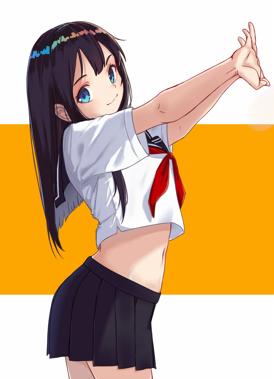 1girl arms_up black_hair black_sailor_collar black_skirt blue_eyes closed_mouth cowboy_shot crop_top crop_top_overhang highres itachi_kanade long_hair looking_at_viewer looking_to_the_side midriff miniskirt navel neckerchief original outstretched_arms pleated_skirt red_neckwear sailor_collar school_uniform serafuku shirt short_sleeves sidelocks skirt smile solo stomach stretch two-tone_background white_shirt