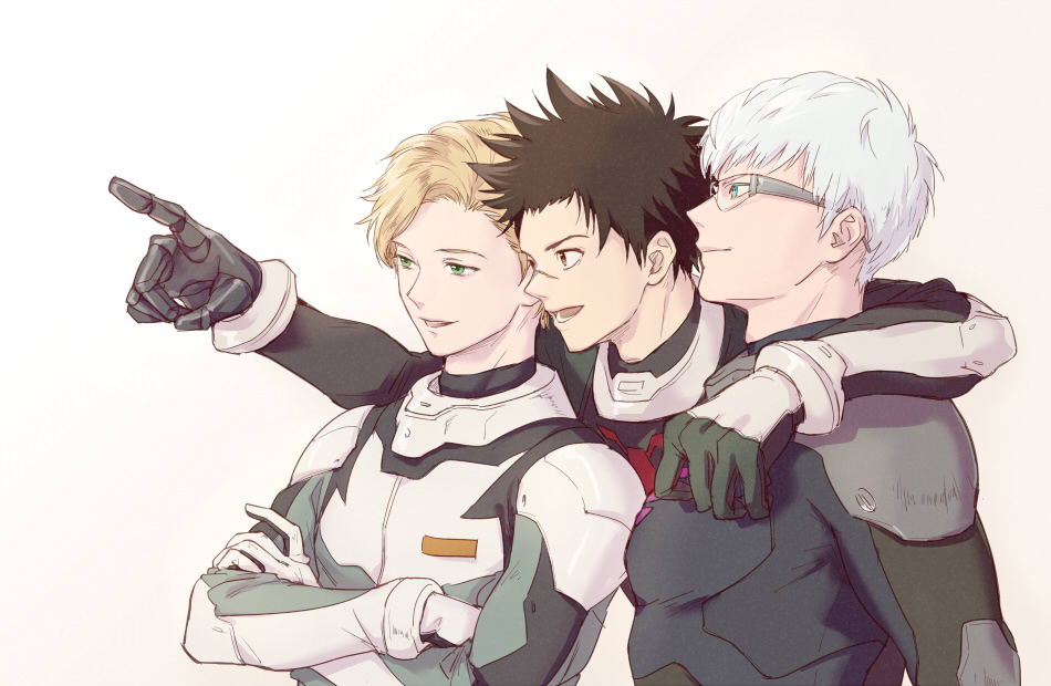 3boys :o arm_around_shoulder black_gloves blonde_hair blue_eyes bodysuit brown_eyes brown_hair charce_lacroix crossed_arms glasses gloves green_eyes kanata_hoshijima kanata_no_astra looking_to_the_side male_focus mechanical_arm multiple_boys older pointing scar simple_background spoilers upper_body white_background white_gloves white_hair wryx zack_walker