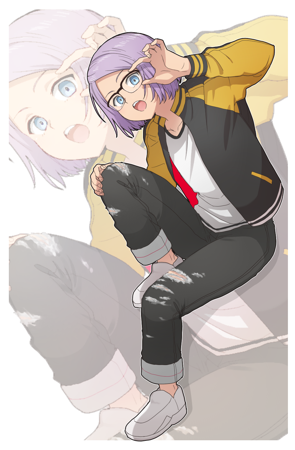 :o adjusting_eyewear androgynous black_pants full_body glasses hand_up highres jacket kanata_no_astra knee_up komiya_harumoto long_sleeves luca_esposito pants purple_hair shirt short_hair sitting torn_clothes torn_pants white_footwear white_shirt zoom_layer