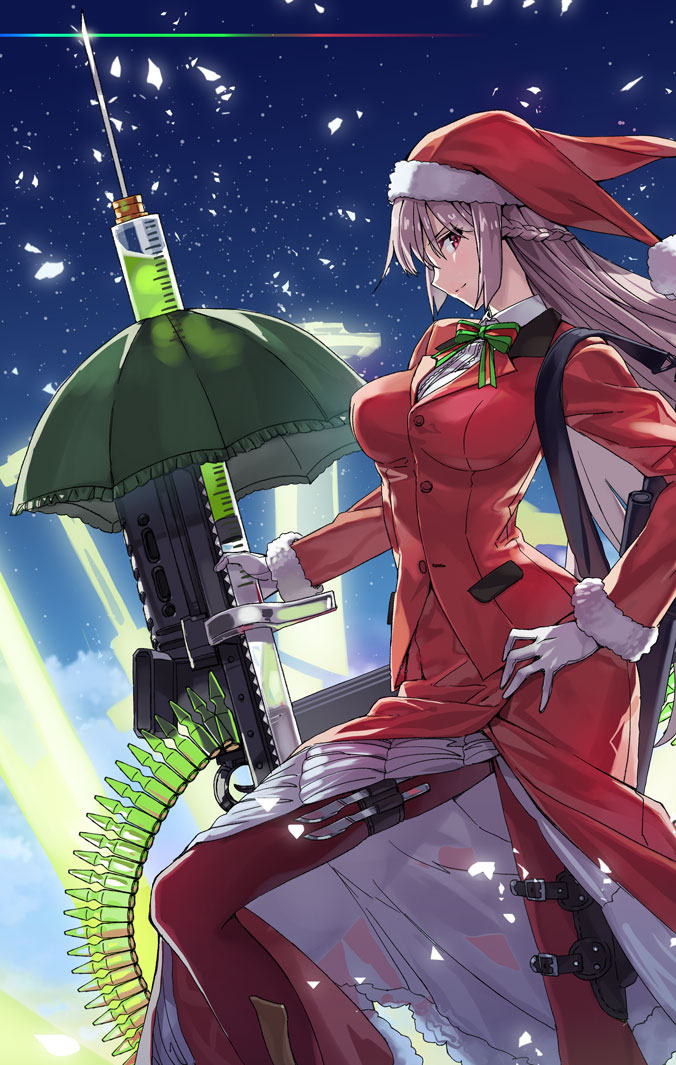 1girl ammunition_belt bangs bow braid breasts bullet fate/grand_order fate_(series) florence_nightingale_(fate/grand_order) florence_nightingale_santa_(fate/grand_order) french_braid fur-trimmed_hat fur-trimmed_sleeves fur_trim gloves gun hand_on_hip hat jacket large_breasts light_machine_gun long_hair long_skirt long_sleeves looking_at_viewer multicolored_bow night night_sky pants pink_hair red_eyes red_headwear red_jacket red_pants red_skirt santa_costume santa_hat scalpel skirt sky solo syringe thigh_strap umbrella_gun weapon white_gloves yahako