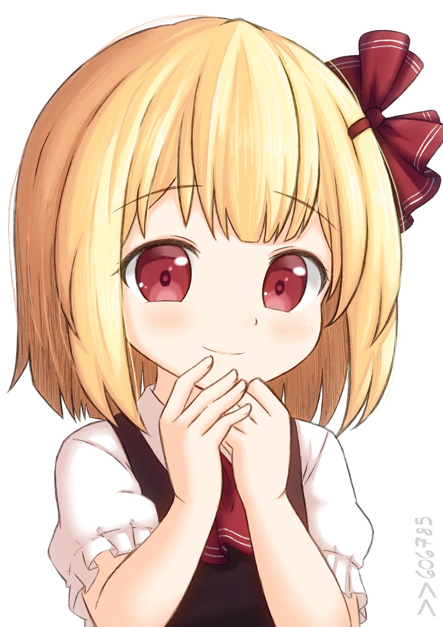 1girl ascot bangs blonde_hair blush closed_mouth drawfag eyebrows_visible_through_hair hair_ornament hair_ribbon hands_up highres looking_at_viewer red_eyes red_neckwear ribbon rumia short_hair short_sleeves simple_background smile solo touhou white_background