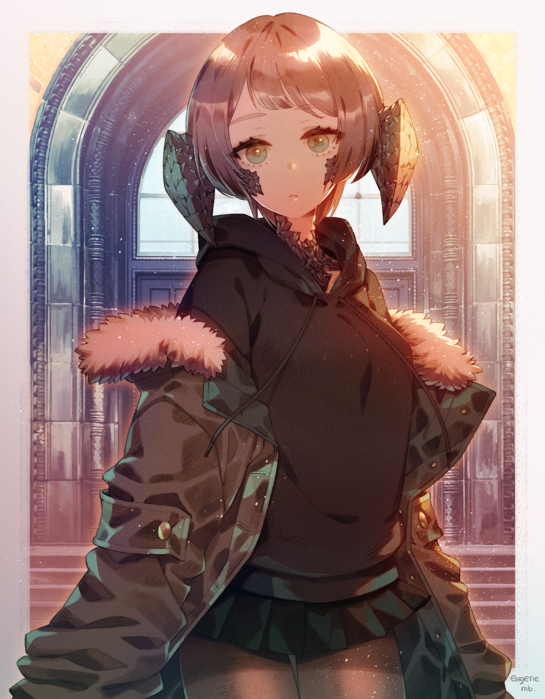 1girl artist_name au_ra bangs black_hoodie black_horns breasts brown_legwear closed_mouth coat cowboy_shot door dragon_girl dragon_horns drawstring eyebrows_visible_through_hair final_fantasy final_fantasy_xiv frown fur-trimmed_coat fur_trim green_eyes green_skirt grey_coat grey_hair highres hood hood_down hoodie horns light_particles long_sleeves looking_at_viewer medium_breasts miniskirt off_shoulder open_clothes open_coat pantyhose pleated_skirt scales short_hair skirt solo stairs window yuujin_(xxizawaxx)