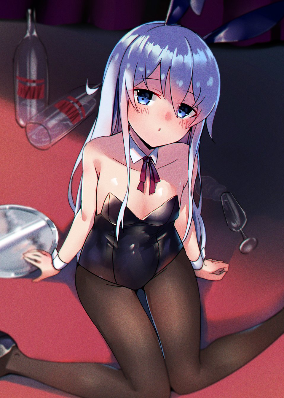 1girl animal_ears bare_shoulders black_leotard blue_eyes blurry brown_legwear bunnysuit cup detached_collar drinking_glass hibiki_(kantai_collection) highres kantai_collection kure_(kure_ng) leotard long_hair looking_at_viewer neck_ribbon on_floor pantyhose parted_lips rabbit_ears ribbon shadow shoes silver_hair sitting solo spill tray very_long_hair wariza wrist_cuffs