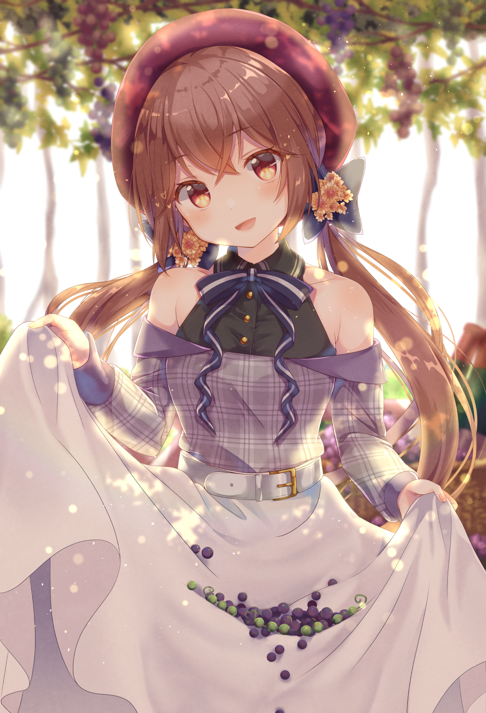 1girl :d bare_shoulders belt beret black_shirt blurry bow bowtie brown_eyes brown_hair buttons commentary_request depth_of_field flower food fruit gomano_rio grapes hair_bow hair_flower hair_ornament hat head_tilt highres lens_flare long_hair long_skirt long_sleeves looking_at_viewer low_twintails moekyun_world off-shoulder_shirt off_shoulder official_art open_mouth shirt skirt skirt_lift smile solo takazora_ui tree twintails undershirt white_skirt wing_collar