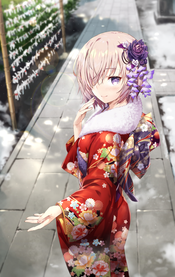 1girl back_bow bangs blurry blurry_background blush bow closed_mouth commentary_request day depth_of_field eyebrows_visible_through_hair fate/grand_order fate_(series) floral_print flower fur_collar gabiran hair_flower hair_ornament hair_over_one_eye japanese_clothes kimono long_sleeves mash_kyrielight obi outdoors pink_hair print_kimono purple_bow purple_flower purple_rose red_kimono rose sash smile snow solo standing violet_eyes wide_sleeves