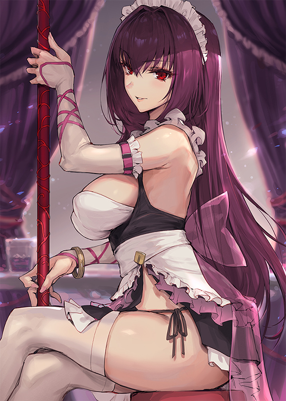 1girl apron armlet bangle bracelet breasts crossed_legs frilled_legwear from_side gae_bolg haoni jewelry large_breasts long_hair maid_apron maid_headdress panties polearm purple_hair red_eyes scathach_(fate)_(all) scathach_(fate/grand_order) side-tie_panties sitting solo spear underwear weapon