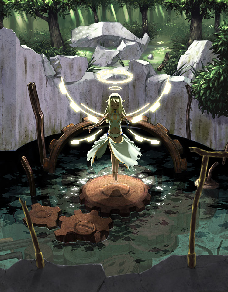 1girl android barefoot boulder cleavage_cutout closed_eyes commentary_request day detached_wings doll_joints dress floating forest gears glowing glowing_wings grass green_dress green_hair hairband halo light_rays long_hair maruta_kentarou missing_limb nature navel_cutout original outdoors outstretched_arms ruins solo sunbeam sunlight tree water wings wire