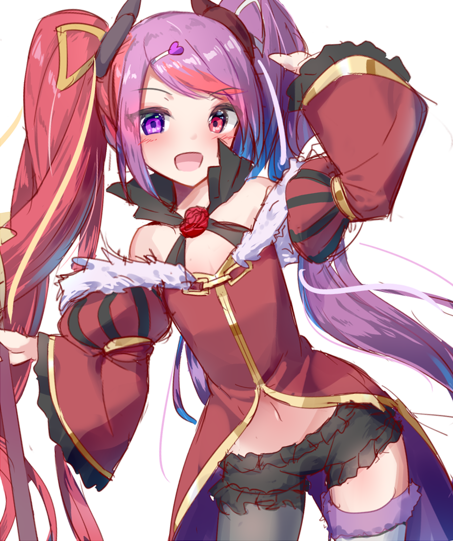 1girl :d arm_up asymmetrical_clothes bare_shoulders cowboy_shot frills hair_ornament hairclip heterochromia juliet_sleeves long_hair long_sleeves looking_at_viewer multicolored_hair navel off-shoulder_shirt off_shoulder open_mouth princess_connect! princess_connect!_re:dive puffy_sleeves purple_hair red_eyes red_shirt redhead shirt simple_background single_pantsleg single_thighhigh smile solo standing stomach tailcoat tamaizumi_misaki tenrai thigh-highs twintails two-tone_hair very_long_hair violet_eyes white_background wide_sleeves