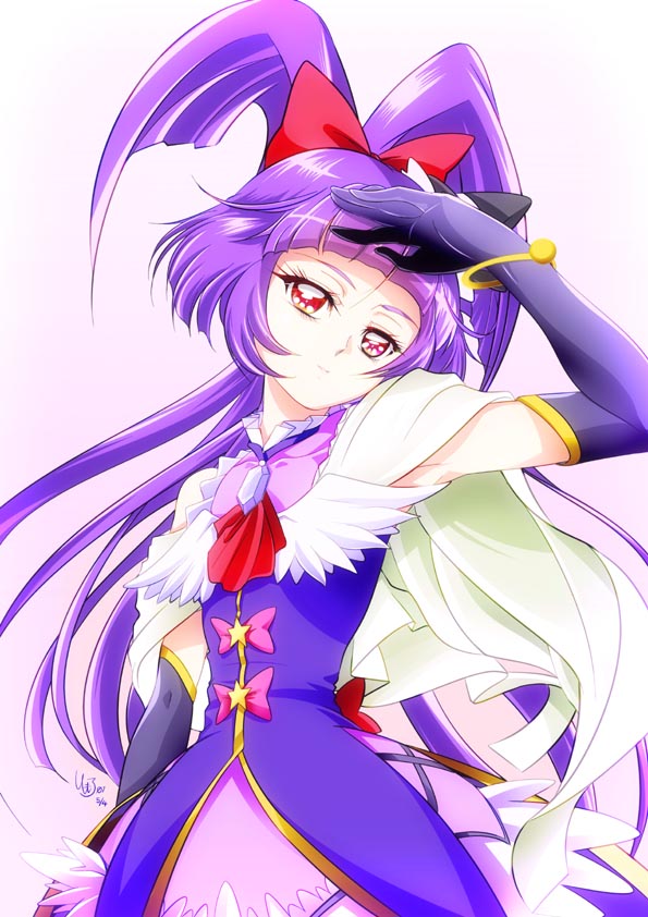 1girl ascot bangs black_bow blunt_bangs bow cape cure_magical elbow_gloves floating_hair gloves hair_bow head_tilt jacket long_hair mahou_girls_precure! miniskirt parted_lips pink_bow pink_skirt precure purple_gloves purple_hair purple_jacket red_bow red_eyes red_neckwear shiny shiny_hair skirt sleeveless sleeveless_jacket solo standing tomo5656ky very_long_hair white_background white_cape