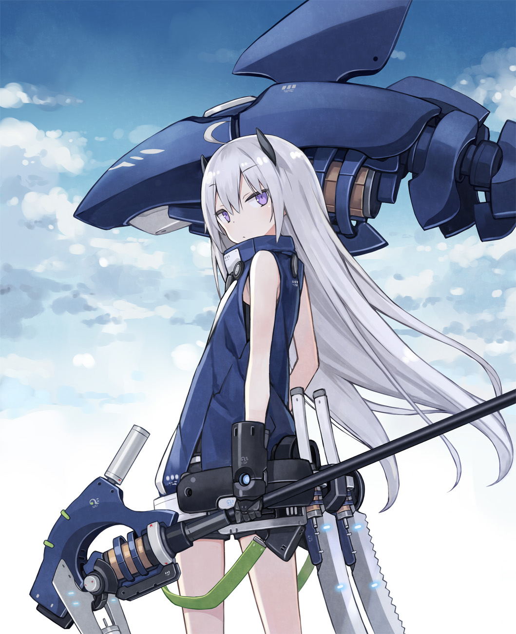 1girl ahoge bangs blue_jacket blue_sky commentary_request eyebrows_visible_through_hair from_behind gauntlets headgear highres holding holding_weapon jacket long_hair looking_at_viewer looking_back original poco_(asahi_age) robot shark shorts silver_hair sky sleeveless solo standing violet_eyes weapon