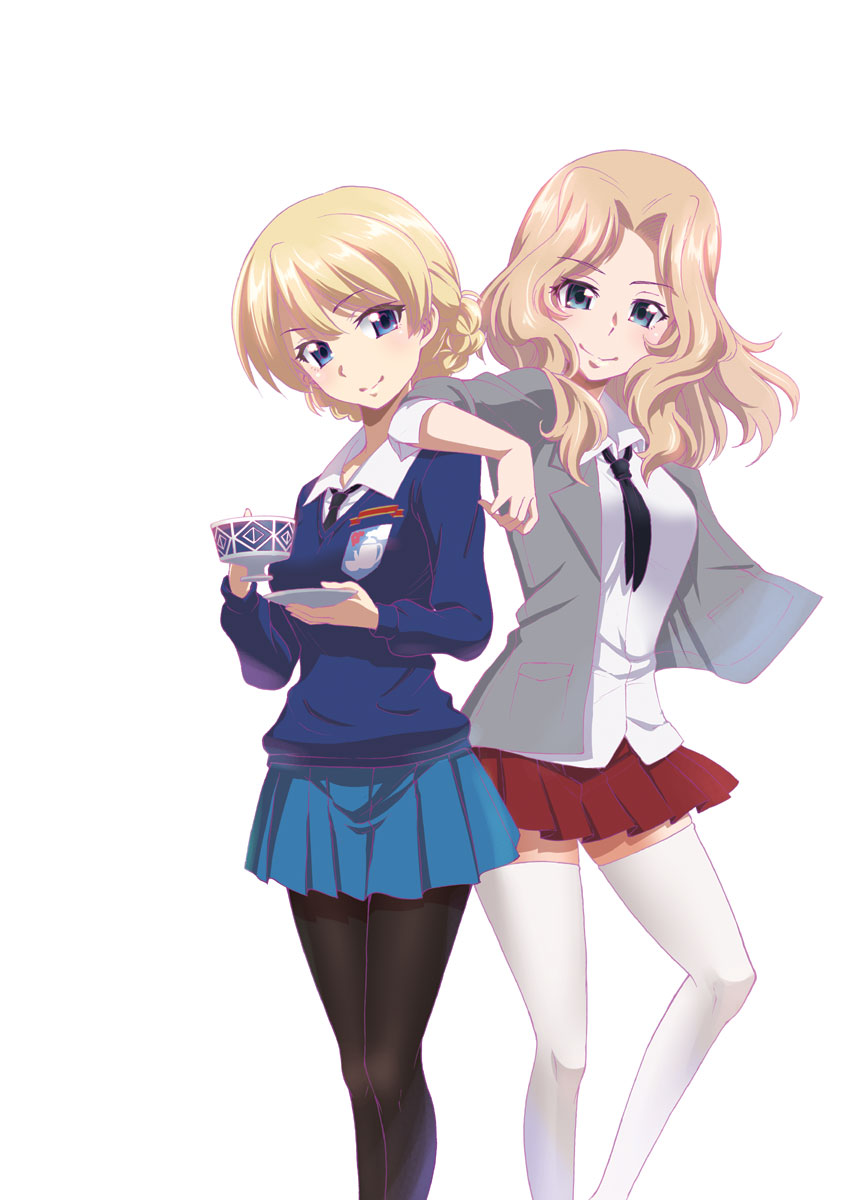2girls bangs black_legwear black_neckwear blonde_hair blouse blue_eyes blue_skirt blue_sweater braid closed_mouth collared_blouse commentary_request cup darjeeling dress_shirt elbow_on_another's_shoulder emblem eyebrows_visible_through_hair girls_und_panzer hair_intakes highres holding holding_cup holding_saucer jacket kay_(girls_und_panzer) long_hair long_sleeves looking_at_viewer miniskirt multiple_girls necktie open_clothes open_jacket pantyhose pleated_skirt saitaniya_ryouichi saucer saunders_school_uniform school_uniform shirt short_hair side-by-side simple_background skirt sleeves_rolled_up smile st._gloriana's_(emblem) st._gloriana's_school_uniform standing sweater teacup thigh-highs tied_hair twin_braids v-neck white_background white_blouse white_legwear white_shirt wind wing_collar
