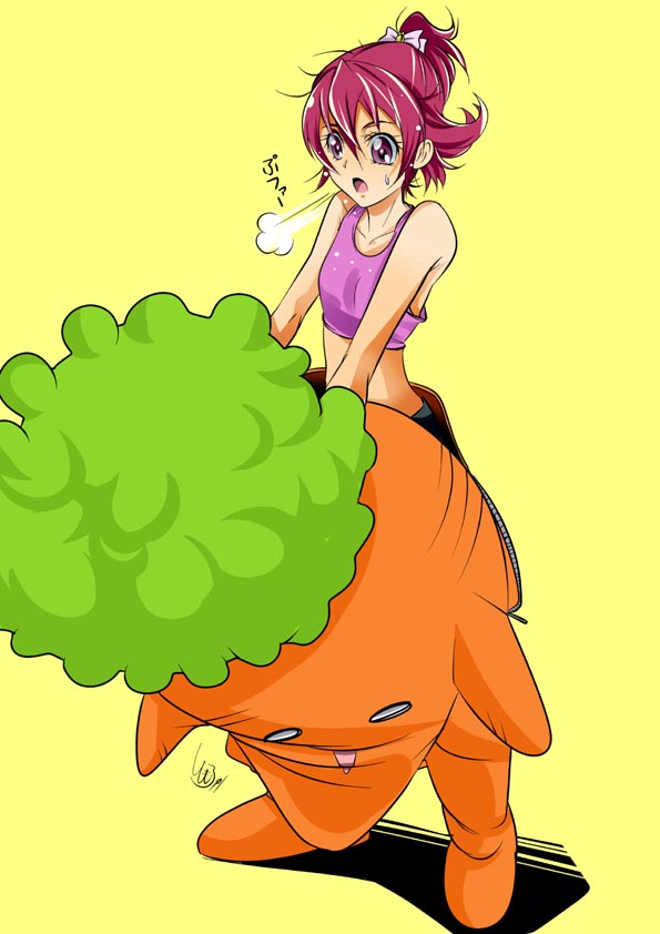 1girl aino_megumi bow carrot collarbone costume crop_top full_body hair_bow happinesscharge_precure! midriff pink_bow precure redhead shiny shiny_hair short_hair short_ponytail simple_background solo standing stomach sweatdrop tied_hair tomo5656ky yellow_background