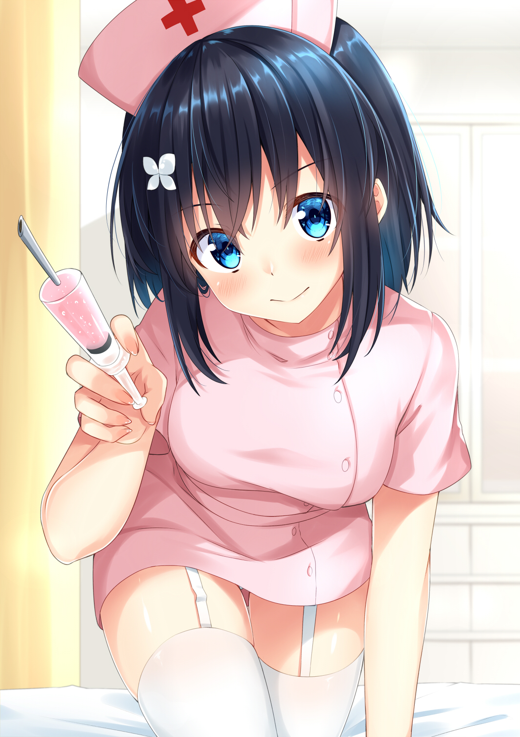 1girl bangs bed_sheet black_hair blue_eyes breasts butterfly_hair_ornament closed_mouth commentary_request cross curtains dress eyebrows_visible_through_hair garter_straps hair_between_eyes hair_ornament hat highres holding holding_syringe indoors komori_kuzuyu leaning_forward looking_at_viewer medium_breasts nurse nurse_cap original panties panty_peek pink_dress pink_headwear rivier_(kuzuyu) short_sleeves smile solo syringe thigh-highs underwear white_legwear white_panties