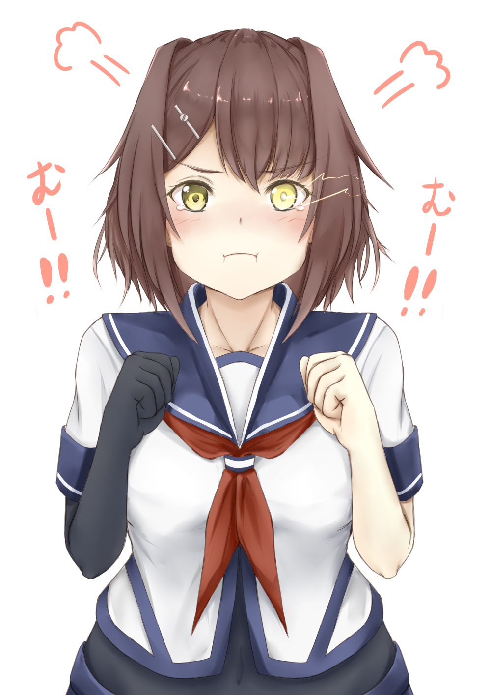 1girl :i :t =3 asymmetrical_bangs bangs blue_sailor_collar blue_skirt blush bodysuit breasts brown_hair clenched_hands collarbone commentary_request covered_navel elbow_gloves eyebrows_visible_through_hair furutaka_(kantai_collection) gloves glowing glowing_eye hair_intakes hair_ornament hairclip highres kantai_collection koru_pera looking_at_viewer medium_breasts neckerchief pout red_neckwear remodel_(kantai_collection) sailor_collar school_uniform serafuku short_hair short_sleeves single_elbow_glove skirt solo tearing_up tears translated upper_body white_background yellow_eyes