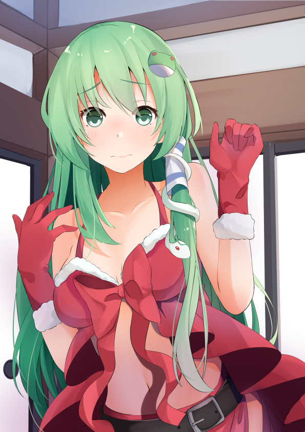 1girl alternate_costume babydoll bangs belt black_belt blush breasts collarbone commentary_request eyebrows_visible_through_hair frog_hair_ornament gloves green_eyes green_hair hair_ornament hair_tubes hands_up indoors kochiya_sanae long_hair looking_at_viewer medium_breasts navel red_gloves santa_costume sidelocks snake_hair_ornament solo stomach touhou tsushi upper_body