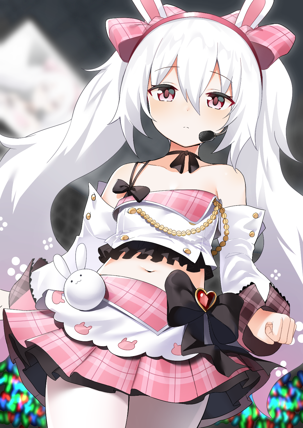 1girl animal_ears azur_lane bangs bare_shoulders black_bow blush bow commentary_request eyebrows_visible_through_hair flat_chest from_below hair_between_eyes hairband heart highres laffey_(azur_lane) long_hair long_sleeves looking_at_viewer navel pantyhose pink_skirt pleated_skirt quiet rabbit_ears red_eyes silver_hair skirt solo twintails white_legwear
