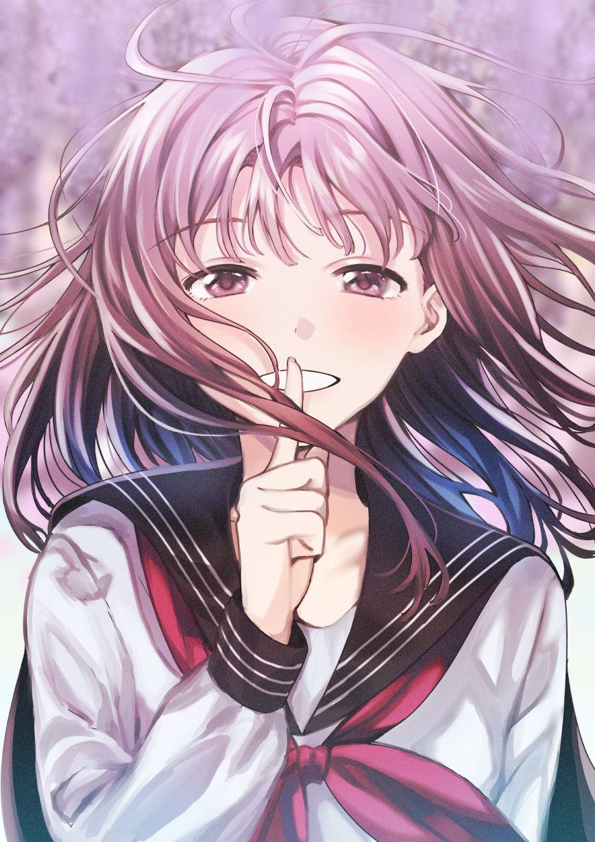 1girl :d bangs banmkuchen black_sailor_collar blurry blurry_background blush commentary_request eyebrows_visible_through_hair finger_to_mouth floating_hair hand_up highres index_finger_raised long_hair long_sleeves looking_at_viewer neckerchief open_mouth original outdoors purple_hair red_neckwear sailor_collar school_uniform serafuku shirt shushing smile solo upper_body violet_eyes white_shirt wind