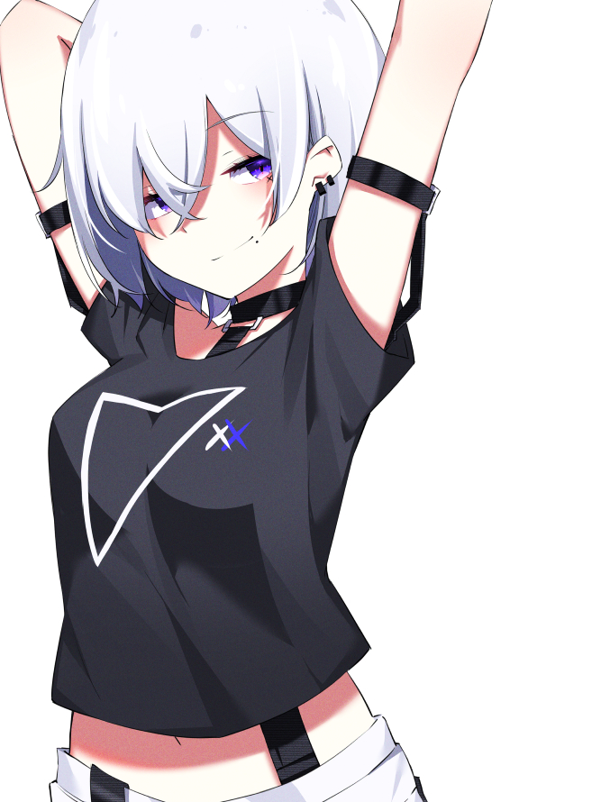 1girl arm_strap arms_up black_shirt breasts choker crop_top earrings hair_between_eyes ichiki_1 jewelry looking_at_viewer midriff mole mole_under_mouth original shirt short_hair short_sleeves sidelocks simple_background small_breasts smile smug solo upper_body violet_eyes white_background white_hair