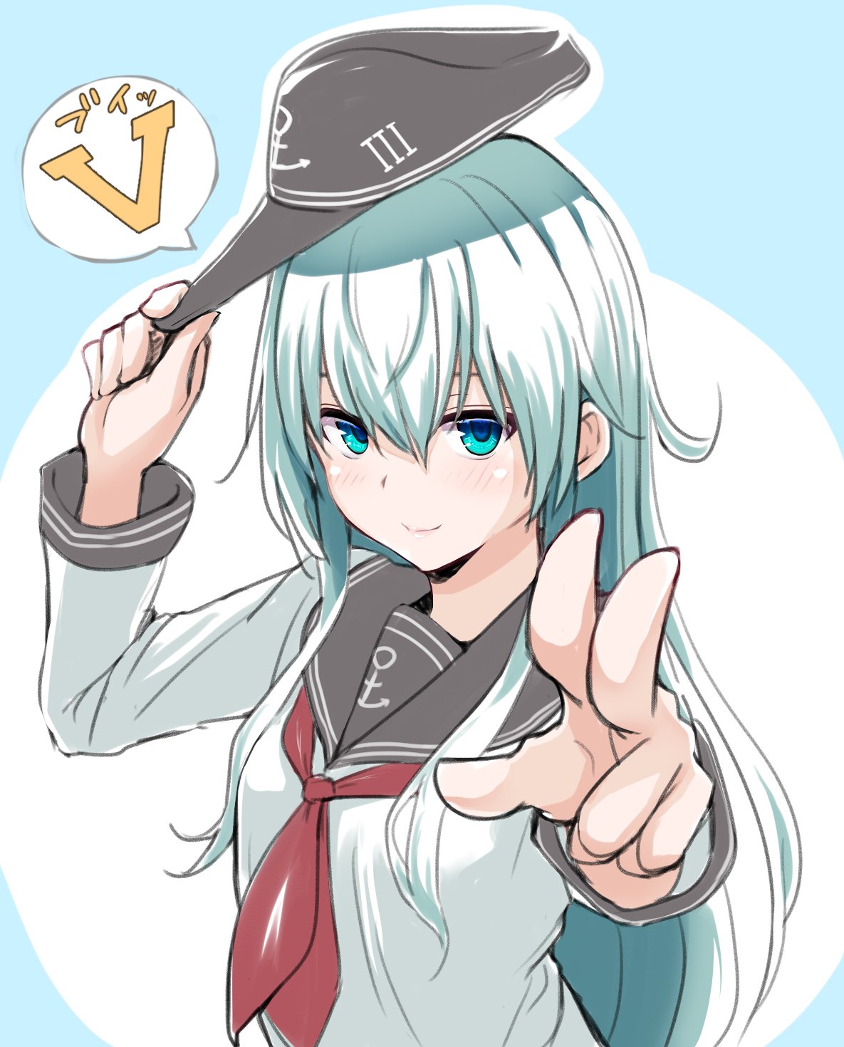 1girl anchor_symbol badge black_sailor_collar blue_background blue_eyes flat_cap foreshortening hat hat_tip hibiki_(kantai_collection) highres horosho kantai_collection long_hair looking_at_viewer myht neckerchief red_neckwear sailor_collar school_uniform serafuku silver_hair smile solo two-tone_background upper_body v white_background