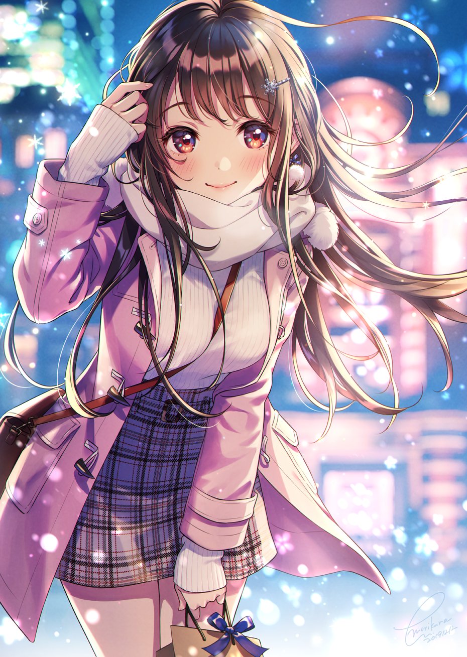 bag between_breasts blueberry blurry blurry_background blush breasts brown_hair coat food fruit hair_ornament hand_in_hair handbag highres holding holding_bag jewelry leaning_forward light_smile lipstick long_hair looking_at_viewer makeup medium_breasts miniskirt morikura_en open_clothes open_coat original pink_coat pink_lipstick pink_nails red_eyes scarf shopping shopping_bag shopping_district single_earring skirt sleeves_past_wrists smile snow snowflakes strap_between_breasts wind winter winter_clothes winter_coat