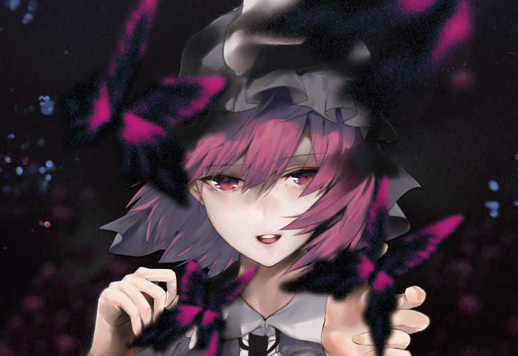 1girl :d asuzemu bangs black_background bug butterfly commentary_request eyebrows_visible_through_hair grey_headwear hair_between_eyes hands_up hat insect looking_at_viewer mob_cap open_mouth pink_hair portrait red_eyes saigyouji_yuyuko short_hair smile solo touhou triangular_headpiece