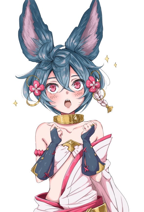 1girl animal_ears backless_outfit blush collar collarbone ear_grab erune flat_chest fox_ears fox_girl fox_tail granblue_fantasy hair_ornament multiple_tails open_mouth red_eyes reddevils10 side-tie_legwear sideless_outfit tail tail_hug you_(granblue_fantasy)