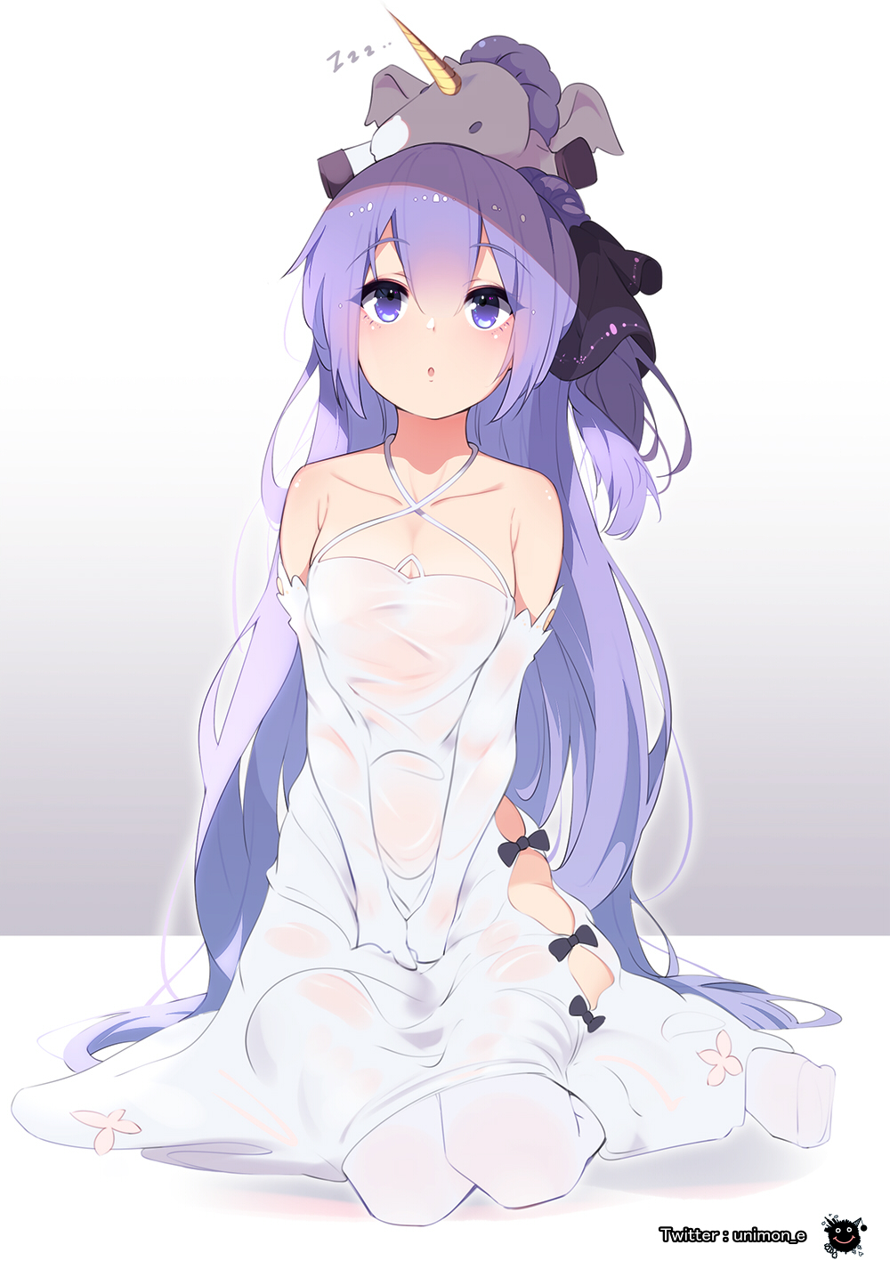 1girl azur_lane bare_shoulders breasts collarbone criss-cross_halter dress elbow_gloves eyebrows_visible_through_hair full_body gloves gradient gradient_background graphite_(medium) grey_background hair_between_eyes hair_ribbon halterneck hands_on_lap hands_together highres katuo1129 lavender_hair long_hair looking_at_viewer medium_breasts off-shoulder_dress off_shoulder pantyhose parted_lips ribbon side_ponytail simple_background sitting solo straight_hair stuffed_unicorn traditional_media twitter_username unicorn_(azur_lane) very_long_hair violet_eyes white_background white_dress white_gloves white_legwear yokozuwari zzz
