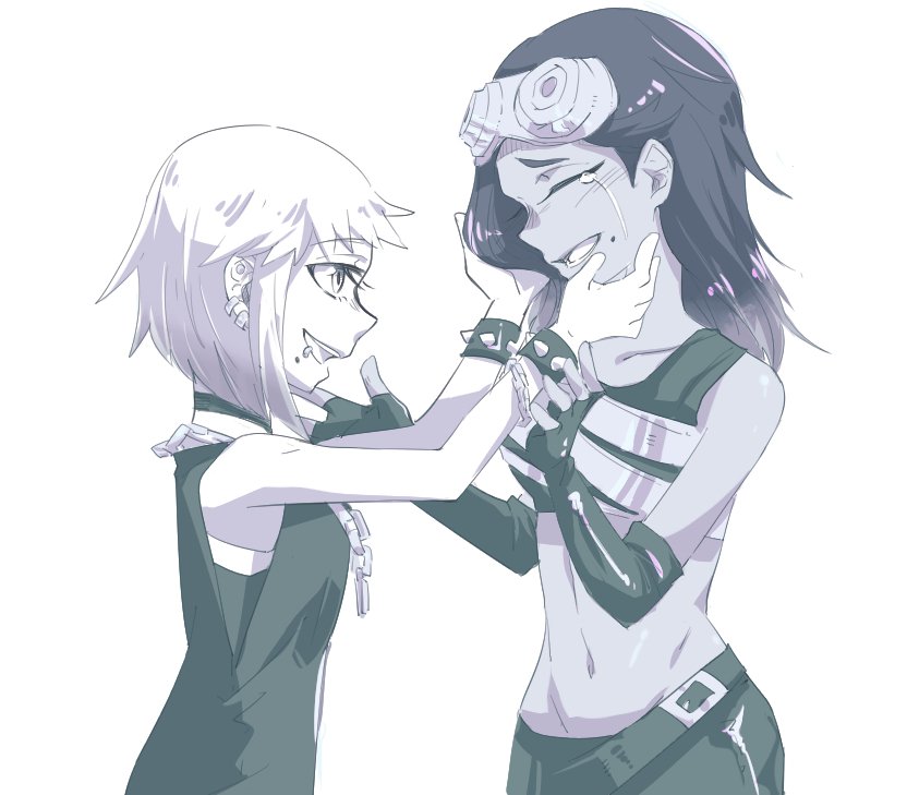 2girls bangs belt bike_shorts blush bracelet breastplate chain chinese_commentary choker closed_eyes commentary_request crop_top crying dark_skin ear_piercing earrings elbow_gloves eyebrows_visible_through_hair fingerless_gloves from_side gloves goggles goggles_on_headwear greyscale hands_on_another's_face hime_(splatoon) iida_(splatoon) jewelry looking_at_another madaga_(animaofmoon) medium_hair midriff mole mole_under_eye monochrome mouth_piercing multiple_girls navel necklace open_mouth piercing shirt short_hair sleeveless sleeveless_shirt smile spiked_bracelet spikes splatoon_(series) splatoon_2 standing stud_earrings takozonesu tears