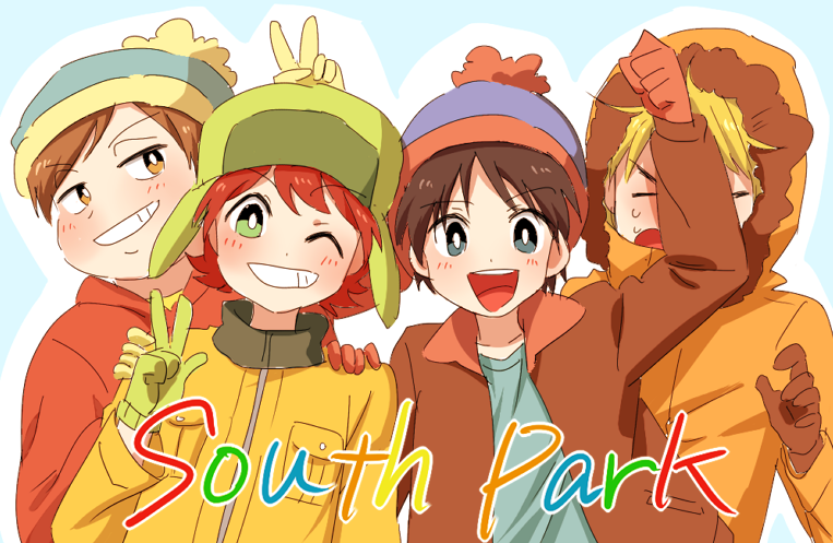 4boys beanie black_hair blonde_hair blue_eyes boots brown_hair eric_cartman fur_hat gloves green_eyes grin hat hood hoodie kenny_mccormick kyle_broflovski looking_at_viewer male_focus multiple_boys ohagi_(sigesatosin) one_eye_closed open_mouth parka short_hair smile south_park stan_marsh ushanka v