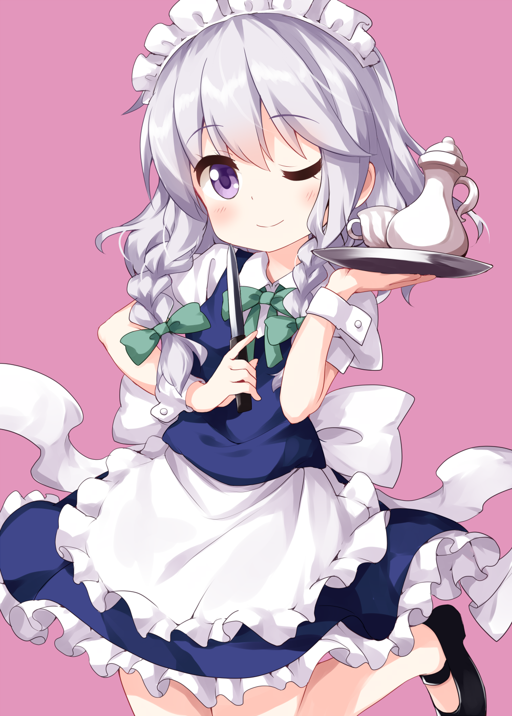 1girl ;) apron bangs black_footwear blue_dress blush bow bowtie braid commentary_request cup dress eyebrows_visible_through_hair frilled_apron frills green_bow green_neckwear hair_bow hand_up highres holding holding_knife holding_tray holding_weapon izayoi_sakuya knife looking_at_viewer maid maid_apron maid_headdress mary_janes one_eye_closed petticoat pink_background puffy_short_sleeves puffy_sleeves ruu_(tksymkw) shirt shoes short_hair short_sleeves silver_hair simple_background smile solo teacup teapot touhou tray twin_braids violet_eyes waist_apron weapon white_apron white_shirt wrist_cuffs