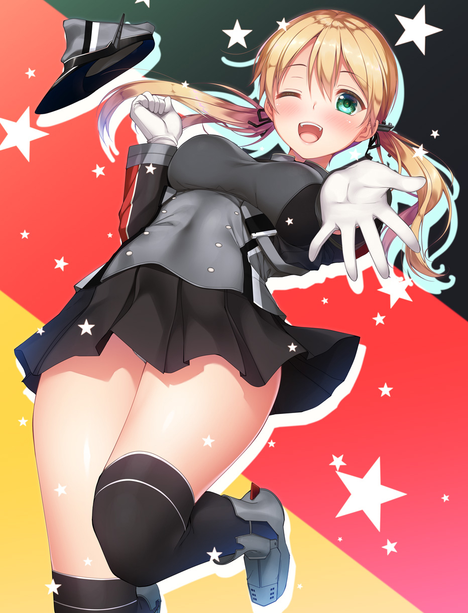 1girl anchor_hair_ornament aqua_eyes black_legwear blonde_hair blush breasts eyebrows_visible_through_hair german_flag gloves hair_between_eyes hair_ornament hat highres imachireki kantai_collection large_breasts long_hair looking_at_viewer low_twintails military military_uniform one_eye_closed open_mouth peaked_cap prinz_eugen_(kantai_collection) skirt smile socks solo star starry_background twintails uniform