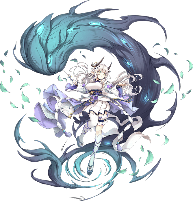 1girl artist_request ayakashi_rumble! black_hair blue_eyes breasts dress full_body horns kneehighs large_breasts long_hair looking_at_viewer official_art solo standing standing_on_one_leg white_dress white_hair white_legwear