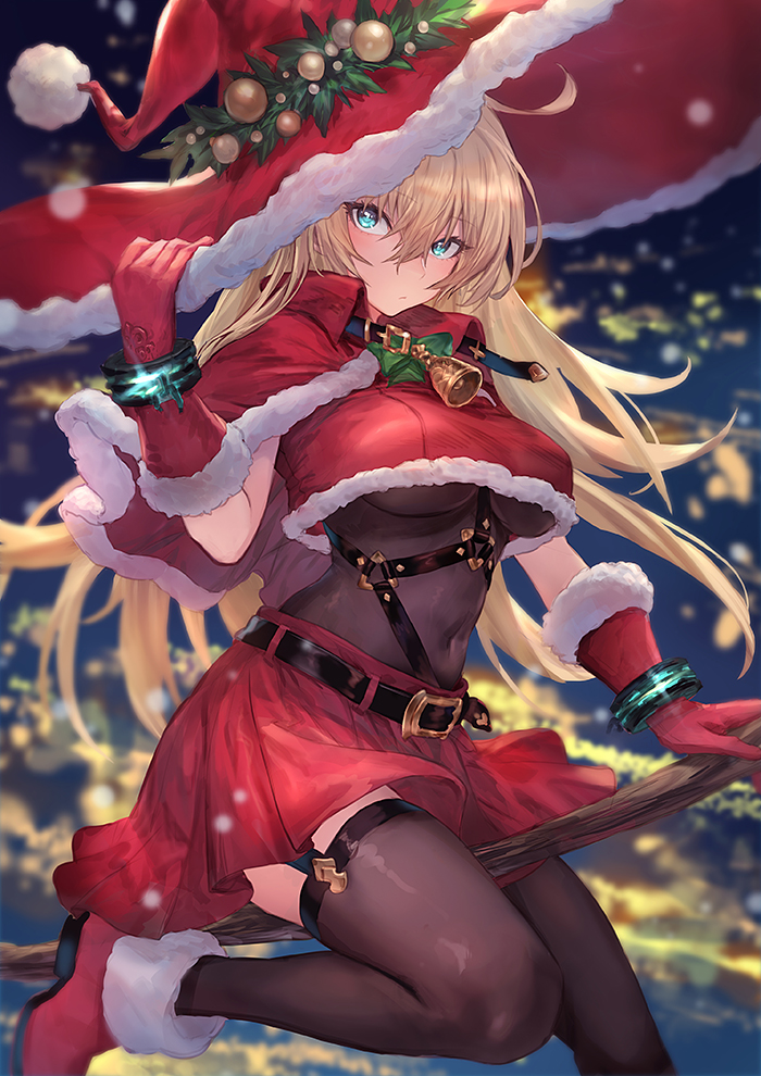 1girl aqua_eyes bangs bell belt black_belt black_bodysuit black_legwear blonde_hair blurry blurry_background blush bodysuit boots breasts broom broom_riding capelet christmas closed_mouth covered_navel eyebrows_visible_through_hair fur_trim garter_straps gloves guchico hair_between_eyes hat large_breasts long_hair original pom_pom_(clothes) red_capelet red_footwear red_gloves red_headwear red_skirt skirt solo thigh-highs under_boob witch_hat