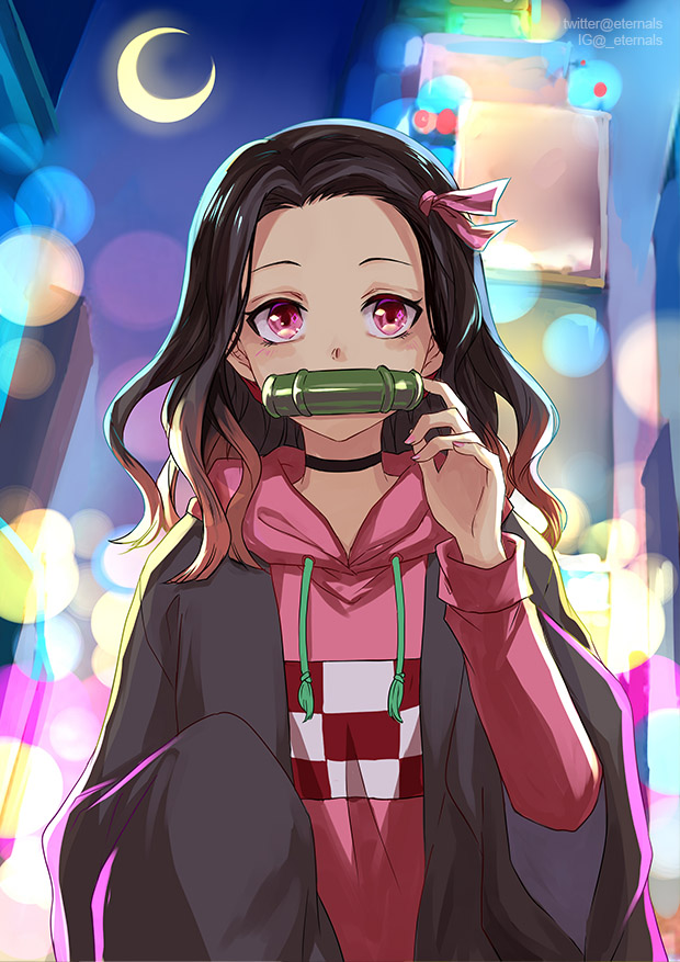 1girl adapted_costume bamboo bangs bit_gag black_choker black_hair brown_hair checkered choker commentary_request contemporary crescent_moon forehead gag hair_ribbon hand_up hood hood_down hoodie kamado_nezuko kimetsu_no_yaiba long_hair long_sleeves moon mouth_hold multicolored_hair night night_sky outdoors parted_bangs pink_eyes pink_hoodie pink_ribbon ribbon sky sleeves_past_fingers sleeves_past_wrists solo ten-chan_(eternal_s) twitter_username two-tone_hair upper_body wide_sleeves