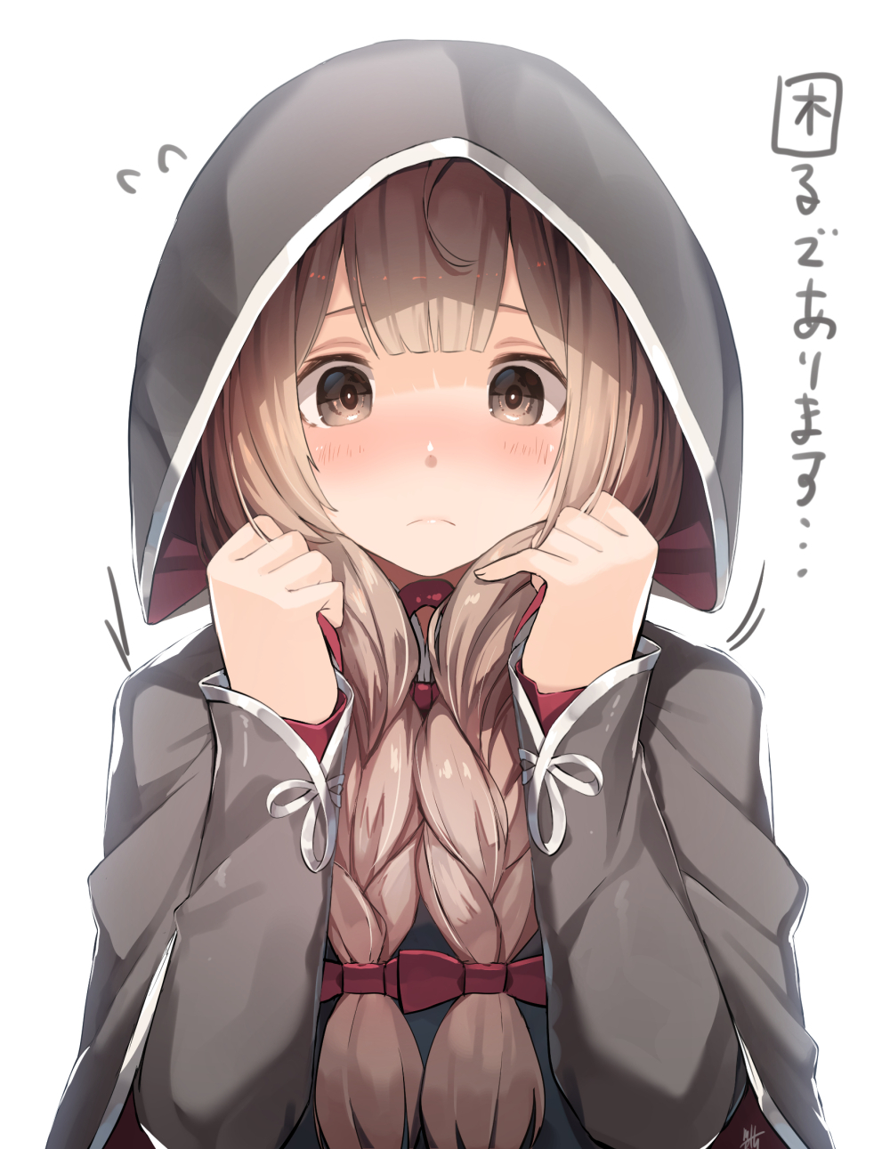 1girl bangs blush braid brown_eyes brown_hair capelet closed_mouth flying_sweatdrops frown hair_ribbon highres hood hood_up hooded_capelet kantai_collection long_hair long_sleeves meth_(emethmeth) ribbon shinshuu_maru_(kantai_collection) signature simple_background solo translation_request twin_braids upper_body white_background