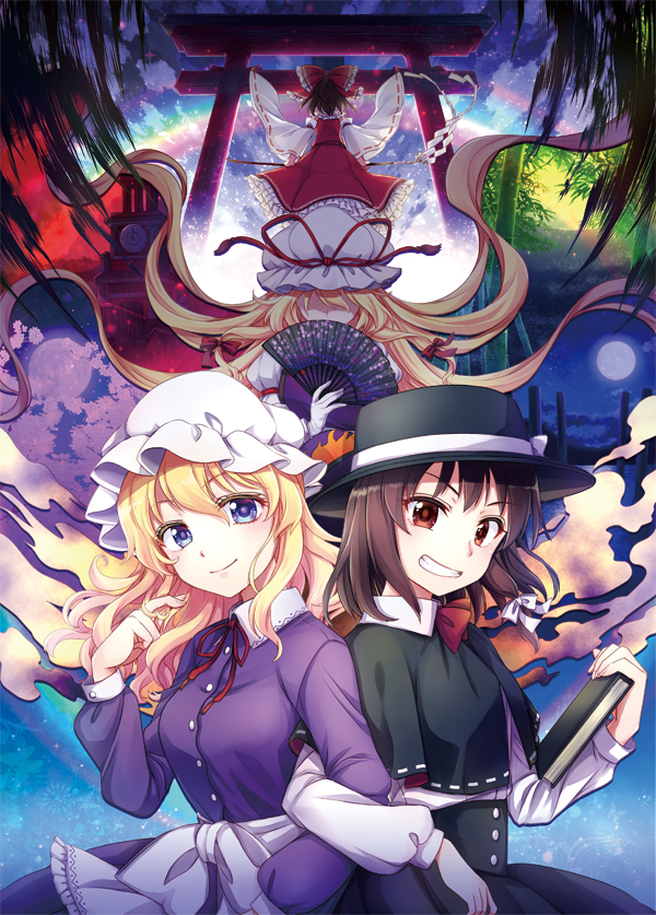 4girls back-to-back bamboo bamboo_forest black_headwear blonde_hair blouse blue_eyes book bow brown_eyes brown_hair cherry_blossoms clock clock_tower commentary_request detached_sleeves dress fan folding_fan forest frilled_skirt frills full_moon gloves grin hair_bow hair_ribbon hakurei_reimu hat hat_ribbon holding holding_book locked_arms long_sleeves looking_at_viewer mikagami_hiyori mob_cap moon multiple_girls nature neck_ribbon petticoat purple_dress red_bow red_neckwear red_ribbon ribbon scarlet_devil_mansion shaded_face skirt smile tassel torii touhou tower tress_ribbon usami_renko waist_bow white_blouse white_bow white_gloves yakumo_yukari