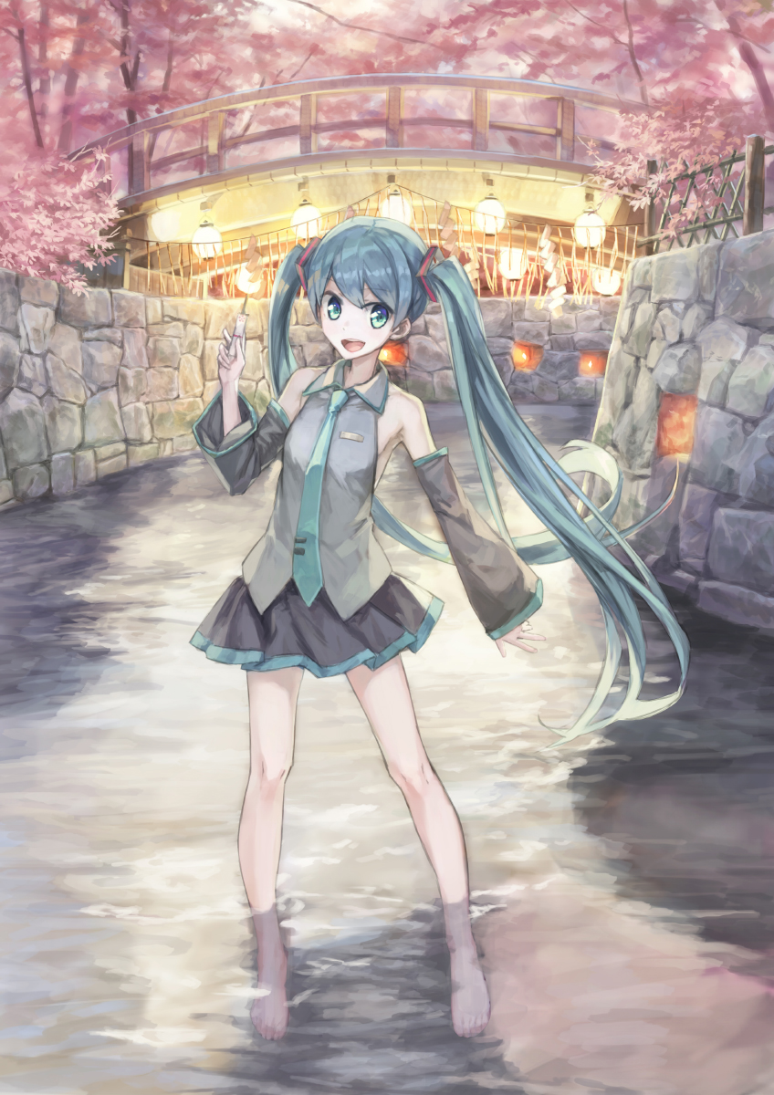 54cr aqua_eyes aqua_neckwear autumn_leaves bare_shoulders barefoot black_skirt black_sleeves blue_hair bridge detached_sleeves full_body grey_shirt hair_ornament hand_up hatsune_miku highres holding lantern leaf long_hair looking_at_viewer miniskirt necktie open_mouth outdoors river rope shide shirt skirt sleeveless sleeveless_shirt smile standing stone_wall tree twintails very_long_hair vocaloid w wading wall wooden_box