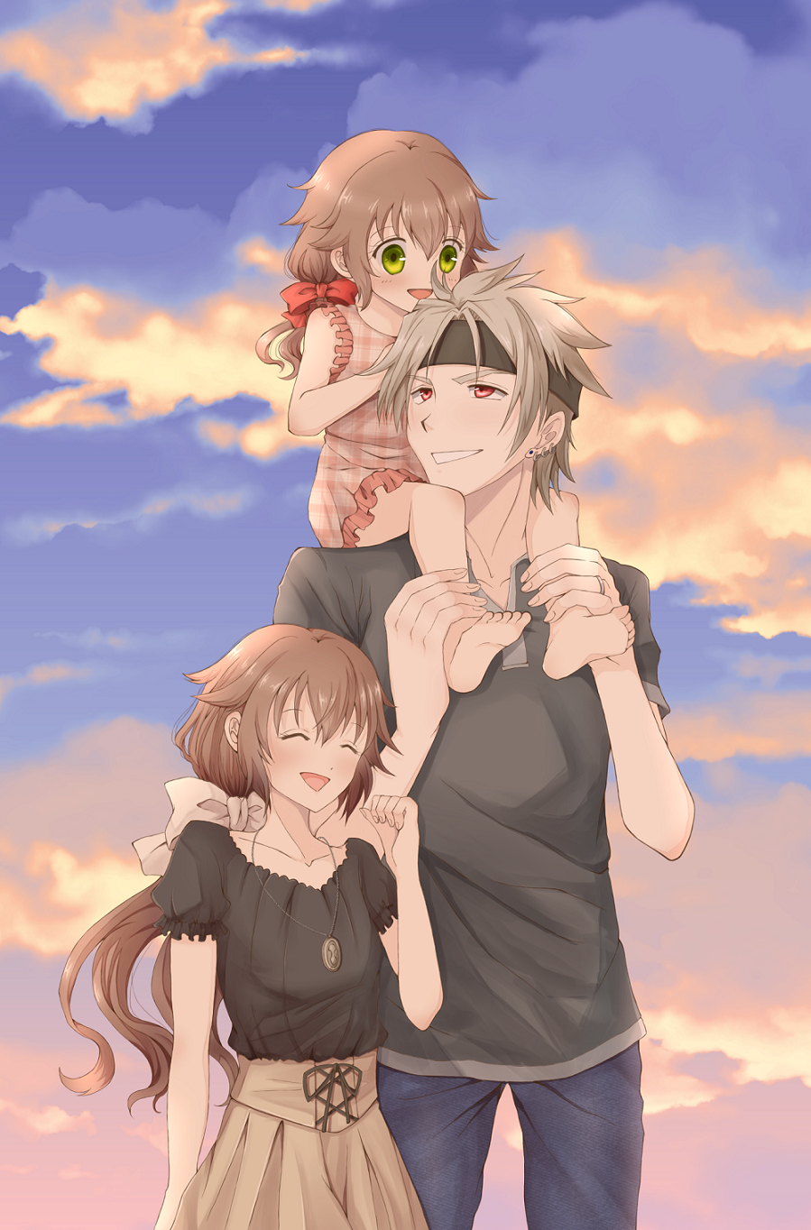 1boy 2girls :d aono_(aonocrotowa) barefoot black_headband black_shirt blue_pants blue_sky bow brown_hair brown_skirt child closed_eyes clouds collarbone crow_armbrust day earrings eiyuu_densetsu frilled_shirt frills green_eyes grin hair_bow headband highres jewelry long_hair looking_at_another multiple_girls necklace open_mouth outdoors pants parent_and_child plaid plaid_shirt ponytail red_bow red_eyes sen_no_kiseki shiny shiny_hair shirt short_sleeves silver_hair skirt sky sleeveless sleeveless_shirt smile soles towa_herschel very_long_hair white_bow