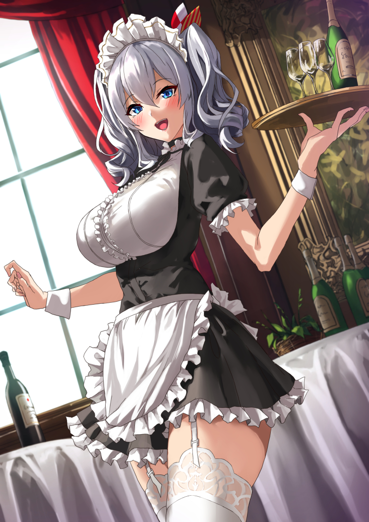 1girl alternate_costume apron bangs black_dress blue_eyes blush bottle breasts commentary_request cup curtains dress drinking_glass enmaided eyebrows_visible_through_hair frilled_sleeves frills garter_straps grey_hair holding holding_tray indoors kantai_collection kashima_(kantai_collection) large_breasts long_hair looking_at_viewer maid maid_headdress shoes sidelocks solo table tablecloth thigh-highs tray twintails waist_apron wavy_hair white_apron white_legwear window wrist_cuffs yashiro_(silver_will) zettai_ryouiki