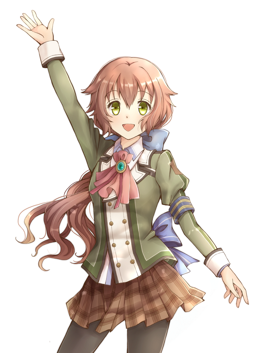 1girl :d aono_(aonocrotowa) arm_up armband ascot back_bow bangs black_legwear blue_bow bow brown_hair brown_skirt collared_shirt contrapposto eiyuu_densetsu eyebrows_visible_through_hair floating_hair green_eyes green_jacket hair_between_eyes hair_bow jacket long_hair long_sleeves miniskirt neck_ribbon open_mouth pantyhose pink_neckwear plaid plaid_skirt pleated_skirt red_ribbon ribbon sen_no_kiseki shiny shiny_hair shirt simple_background skirt smile solo towa_herschel very_long_hair white_background wing_collar